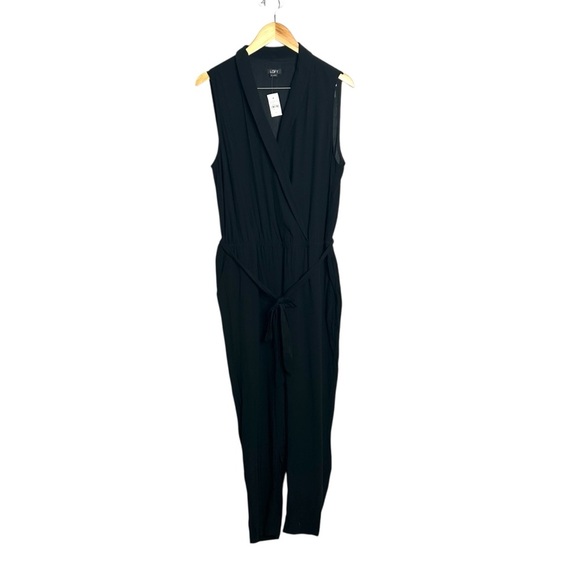 LOFT Black Tuxedo Lapel Elastic Waist Stretch Sleeveless Belted Jumpsuit Sz 12 - Picture 6 of 9